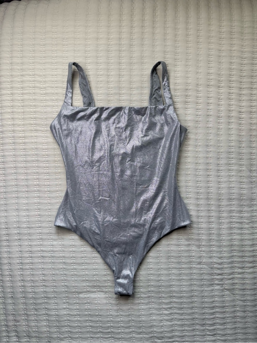 Skims Metallic Reflective Silver Square Neckline Leotard Bodysuit S